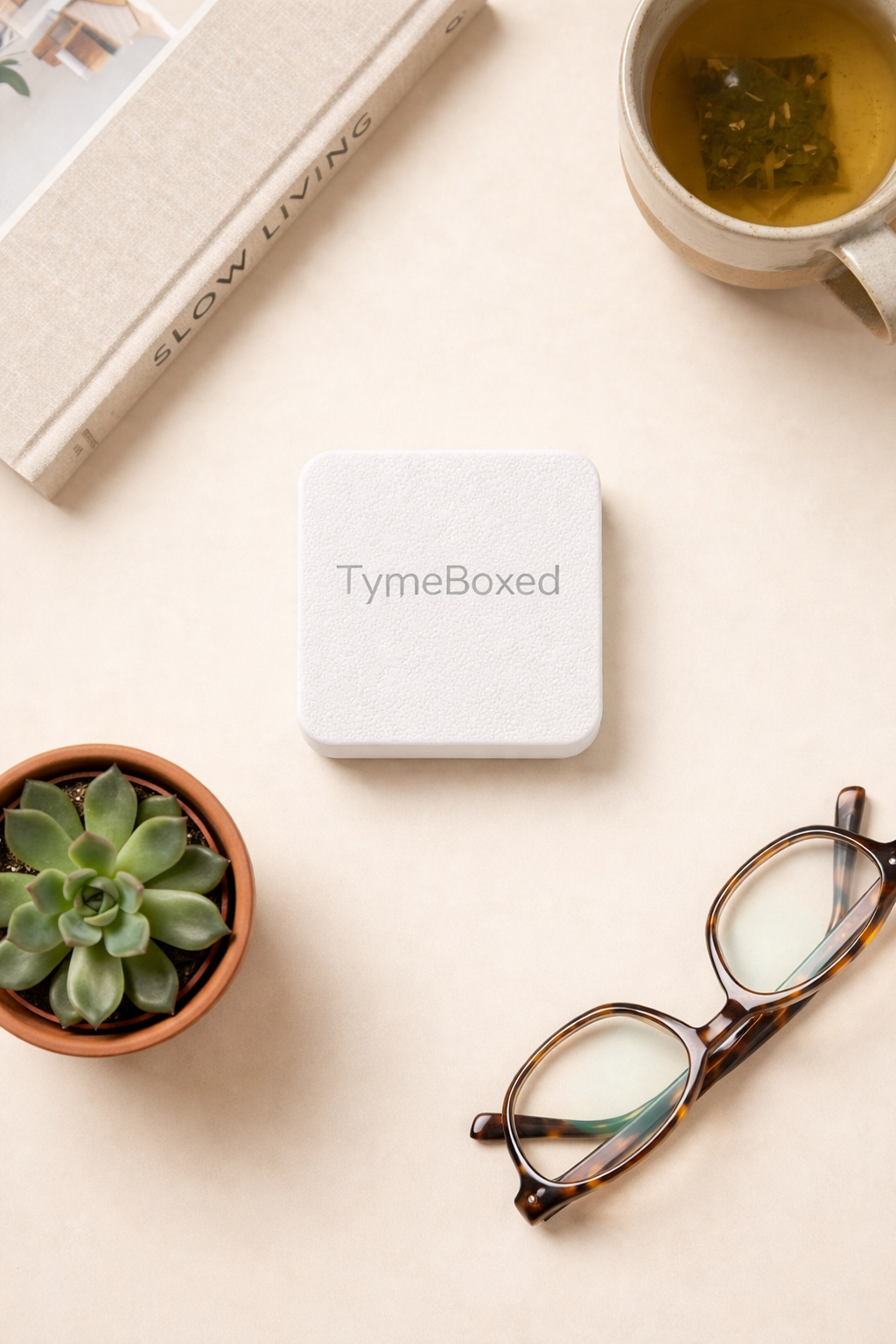 Tyme Boxed device flat lay — minimal, elegant, designed to disappear